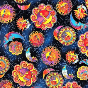 Laurel Burch Original CELESTIAL DREAMS Metallic Suns & Moons Fabric Dark Blue - 1 1/4 YDS
