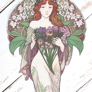 May include: A decorative sticker with an Art Nouveau illustration of a woman with red hair, wearing a floral crown and holding flowers. The design uses green, pink, purple, and cream colours.