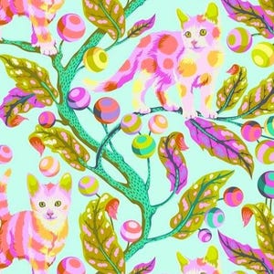 K&ouml;nnte beinhalten: Ein skurriles Muster mit bunten Katzen mit rosa, orangefarbenen und gelben Punkten, die auf &Auml;sten mit leuchtenden Bl&auml;ttern und gestreiften Kugeln sitzen. Der Hintergrund ist ein sanftes, helles Blau und schafft ein verspieltes und k&uuml;nstlerisches Design.