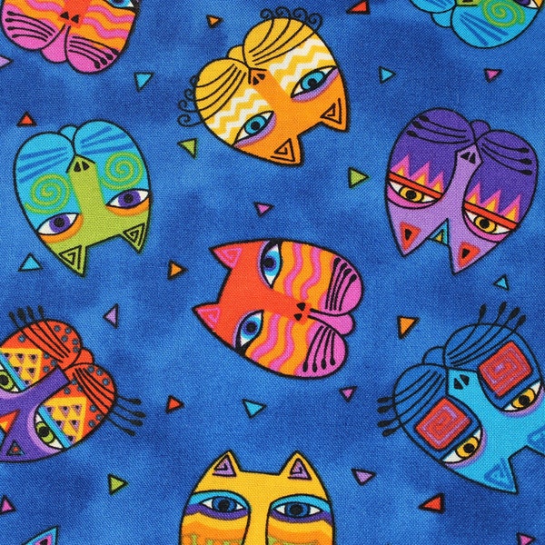 Laurel Burch FANTASTIC FELINES Tossed Cat Heads on Blue Fabric -SHY Yard