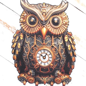 Puede incluir: Un reloj de búho de estilo steampunk con detalles dorados y negros. Los ojos del búho son grandes y redondos, y la esfera del reloj es visible en el centro del cuerpo del búho.