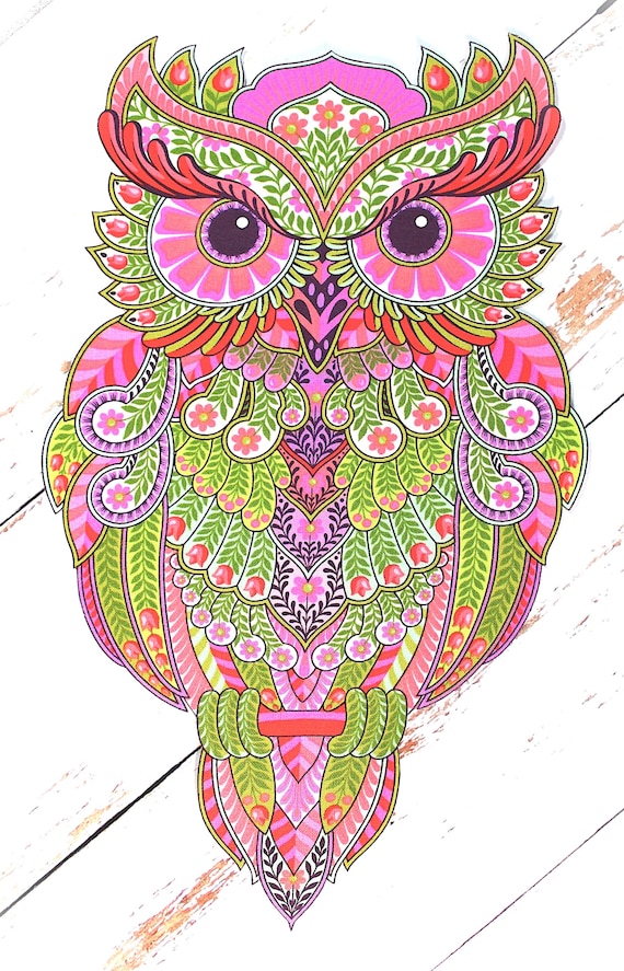 Iron-on APPLIQUE Full Moon Forest II Owl Hand-cut Quilt Fabric - 6" x 10.5"