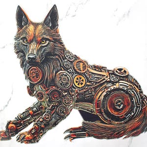 Op de afbeelding: Gedetailleerde illustratie van een zittende wolf, geconstrueerd uit tandwielen en mechanische componenten. De vacht van de wolf is een mix van zwart, bruin en koper, met gele ogen. De achtergrond is wit.