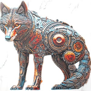 Op de afbeelding: Gedetailleerde sculptuur van een wolf, geconstrueerd uit mechanische tandwielen en metalen componenten. Het kunstwerk heeft een kleurenpalet van roest, brons en blauw, met heldergele ogen. De wolf wordt staand afgebeeld.