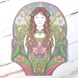 Iron-on APPLIQUE Art Nouveau Hand-cut Quilt Fabric Alphonse Mucha Garden Goddess - 7" x 9.25"