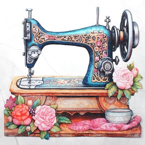 May include: A vintage sewing machine in teal and gold, adorned with floral patterns. The machine sits on a wooden base, decorated with pink roses, a pink cloth, and a small bowl. The image has a watercolor style.