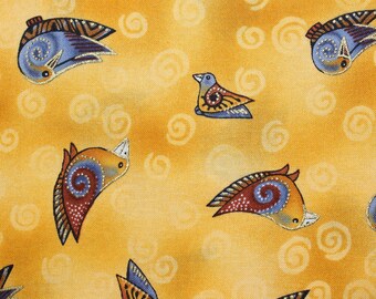 Laurel Burch EMBRACING HORSES Tossed Birds Coordinate Fabric Gold - SHY 1/2 Yd