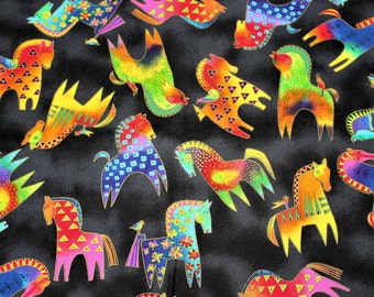 May include: A black fabric with a colorful repeating pattern of stylized horses and birds. The horses and birds are painted in bright colors, including yellow, red, blue, green, and orange. The fabric is perfect for quilting, crafts, and home decor.