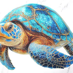 Può includere: Illustrazione dettagliata di una tartaruga marina con un guscio blu e oro. La testa e le pinne della tartaruga sono un mix di tonalità blu, oro e marrone. Il guscio presenta motivi e disegni intricati, creando un'immagine vibrante e artistica.