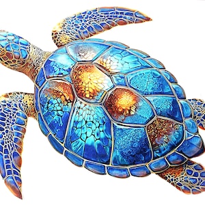 Könnte beinhalten: Eine lebendige Illustration einer Meeresschildkröte, die ein Mosaik aus Blau-, Braun- und Goldtönen zeigt. Der Panzer der Schildkröte weist ein detailliertes Muster auf, und ihre Flossen und ihr Kopf sind ebenfalls aufwendig gestaltet. Das Kunstwerk ist vor einem weißen Hintergrund platziert.