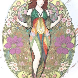 May include: A detailed illustration of a woman in a flowing dress, set against a backdrop of floral and Art Nouveau patterns. The woman has long red hair and is decorated with flowers. The dress is a vibrant mix of colours, including green, red, and yellow.