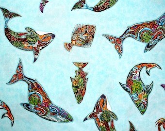 ANIMAL SPIRITS Tribal Ocean Animals Whale Dolphin Cotton Quilt Fabric - BTHY