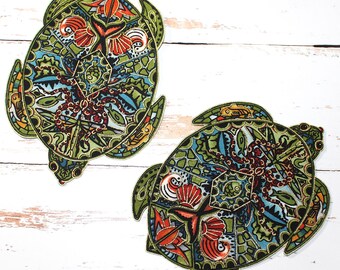 Iron-on APPLIQUES SET 2 PCS Sea Turtles Tribal Native Animal Ocean Life Art Hand-cut Quilt Fabric