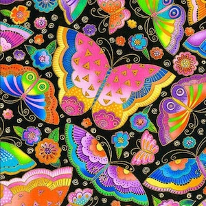 Laurel Burch FLYING COLORS 2 Large Butterflies Fabric Black - BTHY