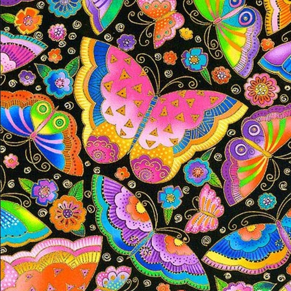 Laurel Burch FLYING COLORS II grote vlinders stof zwart - per halve meter