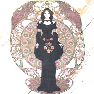 May include: A vintage-style illustration of a woman in a black dress with a floral design. The woman is standing in a decorative frame with a floral pattern.