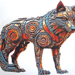 Op de afbeelding: Gedetailleerde sculptuur van een wolf, geconstrueerd uit tandwielen en mechanische componenten. Het kunstwerk heeft een kleurenpalet van koper, brons en staal, met ingewikkelde details en texturen. De wolf staat op vier poten en toont zijn mechanische ontwerp.