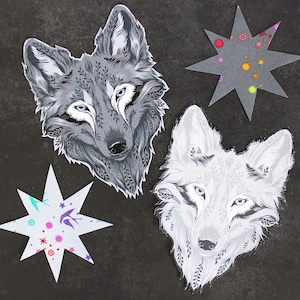 ZESTAW 4 APLIKACJI DO DRUKOWANIA Graywork Wolf Tkanina do patchworku cięta ręcznie