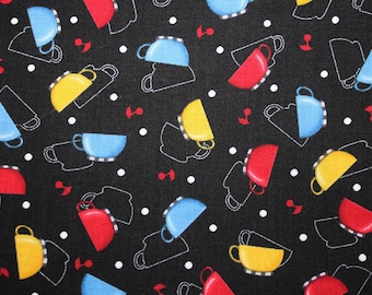 MARY ENGELBREIT Quilt Fabric Tea Time Multi Tossed Tea Cups Black - SHY 1/2 Yd