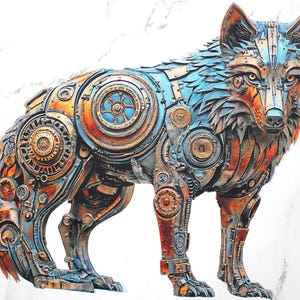 May include: A detailed sculpture of a wolf constructed from gears, cogs, and metal plates. The steampunk-style artwork features a color palette of blue, copper, and bronze. The wolf is standing, with its head turned slightly to the right, showcasing intricate mechanical details.