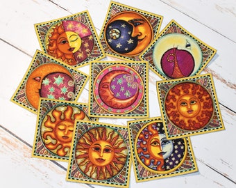 Opstrijkbare APPLIQUE SET CELESTIAL Suns & Moons-patches Handgesneden quiltstof - Set van 9