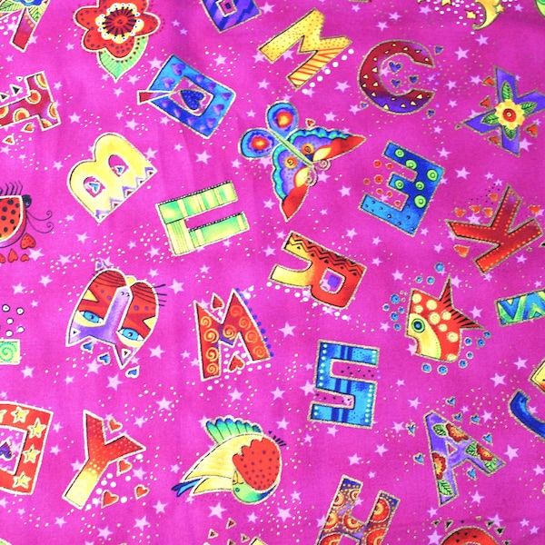 Laurel Burch LAUREL LAND Alphabet Letter Toss Dark Pink Fabric - BTHY