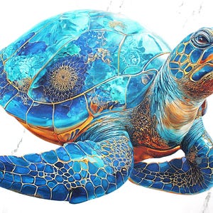 Può includere: Illustrazione dettagliata di una tartaruga marina nei toni del blu, turchese e oro. Il guscio presenta motivi e trame intricate, con un focus sui dettagli delle squame e sul design generale. L'opera d'arte è ambientata su uno sfondo bianco.