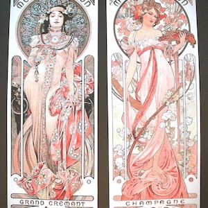 May include: Two vintage art nouveau prints featuring women in flowing gowns, with the words "MOËT & CHANDON" at the top. One reads "GRAND CREMANT IMPERIAL" and the other "CHAMPAGNE WHITE STAR". The color palette is soft pinks and creams.