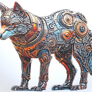 Op de afbeelding: Gedetailleerde sculptuur van een coyote, geconstrueerd uit metalen tandwielen, tandkransen en mechanische componenten. De vacht van de coyote wordt weergegeven door ingewikkeld metaalwerk in tinten koper, brons en zilver, met een witte achtergrond. Steampunk esthetiek.