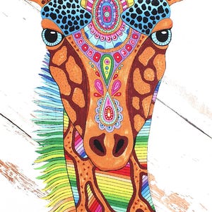 May include: A colorful illustration of a giraffe's head. The giraffe features intricate patterns and designs in a variety of colors, including orange, blue, green, and pink. The background is a white, distressed wood pattern.