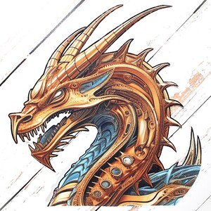 May include: Detailed illustration of a dragon's head, featuring intricate mechanical details. The dragon is rendered in shades of gold, bronze, and blue, with sharp teeth and horns. The artwork has a steampunk aesthetic, set against a white background.