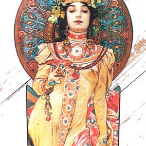 Iron-on APPLIQUE Alphonse Mucha Hand-Cut Quilt Fabric Art Nouveau Goddess - 5.75&quot; x 10&quot;