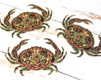 Set di 3 APPLIQUE termoadesive in tessuto trapuntato tagliato a mano, arte tribale dei nativi americani dell'oceano, CRAB