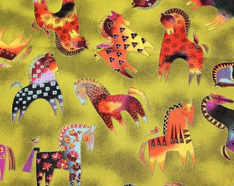 May include: A colorful fabric with a repeating pattern of stylized horses in various colors and designs. The background is a bright yellow.