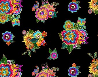 Laurel Burch FANTASTICATS Metallic Tossed Floral Fabric Black - BTHY