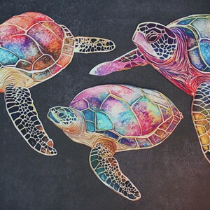 Puede incluir: Tres coloridas tortugas marinas con caparazones vibrantes, tipo mosaico, en tonos rojos, azules, morados y amarillos. Las tortugas se destacan sobre un fondo oscuro, mostrando sus patrones y formas detalladas. La imagen resalta la belleza de la vida marina.