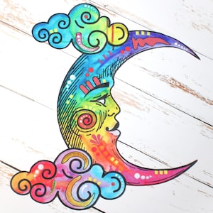 May include: A colorful crescent moon with a face and swirls, painted in shades of blue, green, yellow, orange, and red. The moon is surrounded by two clouds with swirls.