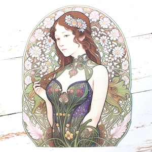 Iron-on APPLIQUE Art Nouveau Hand-cut Quilt Fabric Alphonse Mucha Garden Goddess - 6.75" x 8.75"