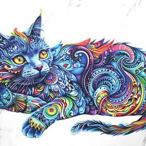 May include: A detailed illustration of a cat in a relaxed pose, featuring intricate patterns and vibrant colors. The cat's fur is primarily blue, with accents of red, yellow, green, and purple. The artwork has a decorative, almost psychedelic style.