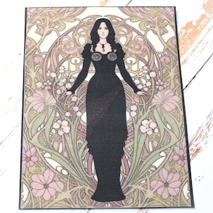 May include: A woman in a black dress stands in a garden with pink and green flowers. The background is a stylised art nouveau design.