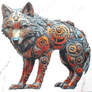 Op de afbeelding: Een gedetailleerde sculptuur van een wolf, geconstrueerd uit tandwielen en mechanische componenten. Het kunstwerk heeft een kleurenpalet van koper, brons en staal, met ingewikkelde details op de vacht en het lichaam van de wolf. De wolf wordt in een staande pose afgebeeld.