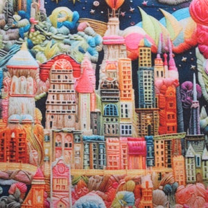 Puede incluir: Una ilustración colorida de una ciudad fantástica con edificios altos, nubes y estrellas. Los edificios están hechos de diferentes materiales, incluyendo madera, ladrillo y piedra. La ciudad está situada sobre un fondo azul oscuro.