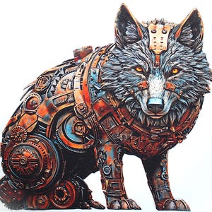 Op de afbeelding: Een gedetailleerde steampunk wolf sculptuur. De vacht van de wolf is weergegeven in grijstinten, met heldergele ogen. Het lichaam is opgebouwd uit ingewikkelde metalen tandwielen, platen en pijpen in koper-, brons- en blauwtinten.