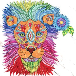 May include: A detailed illustration of a lion's face, featuring a vibrant array of colours. The lion's face is orange, adorned with intricate patterns in red, yellow, and blue. A blue flower and green leaves are on the right. The mane is a mix of yellow, blue, and pink.