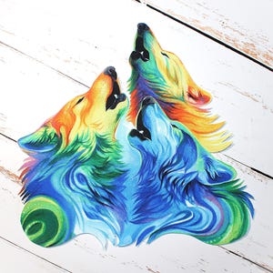 Iron-on APPLIQUE Spirit Wolf Trio Native Wildlife Art Hand-cut Quilt Fabric - 9.75&quot; x 9.25&quot;