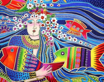 Laurel Burch OCEAN SONGS Mermaid Fabric Panel