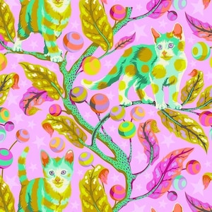 May include: A whimsical pattern featuring colorful cats with spotted and striped patterns, perched on branches with stylized leaves and striped orbs. The background is a light pink with white stars, creating a playful and vibrant design.