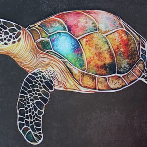 Può includere: Illustrazione colorata di una tartaruga marina con un guscio dettagliato. Il guscio presenta un mosaico di colori tra cui blu, arancione, rosso e verde. La testa e le pinne della tartaruga hanno motivi in bianco e nero, su sfondo scuro.