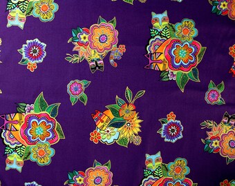 Laurel Burch FANTASTICATS Metallic Tossed Floral Fabric Purple - BTHY
