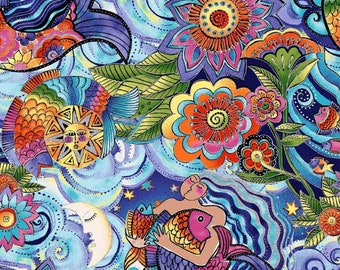Laurel Burch SEA GODDESS Mermaids Fabric Blue - BTHY